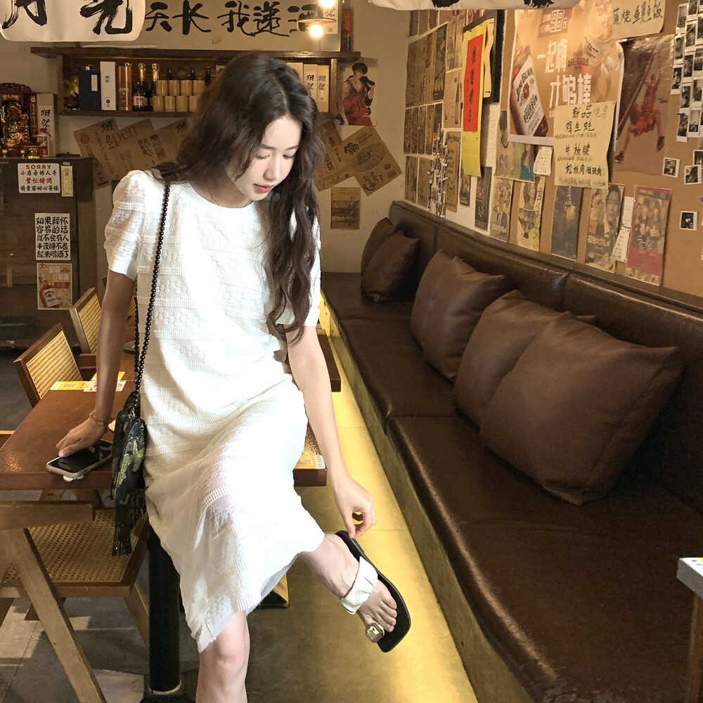 法式蕾丝泡泡袖收腰连衣裙女夏高级感小香风气质优雅中长款蛋糕裙,女装连衣裙,2C309