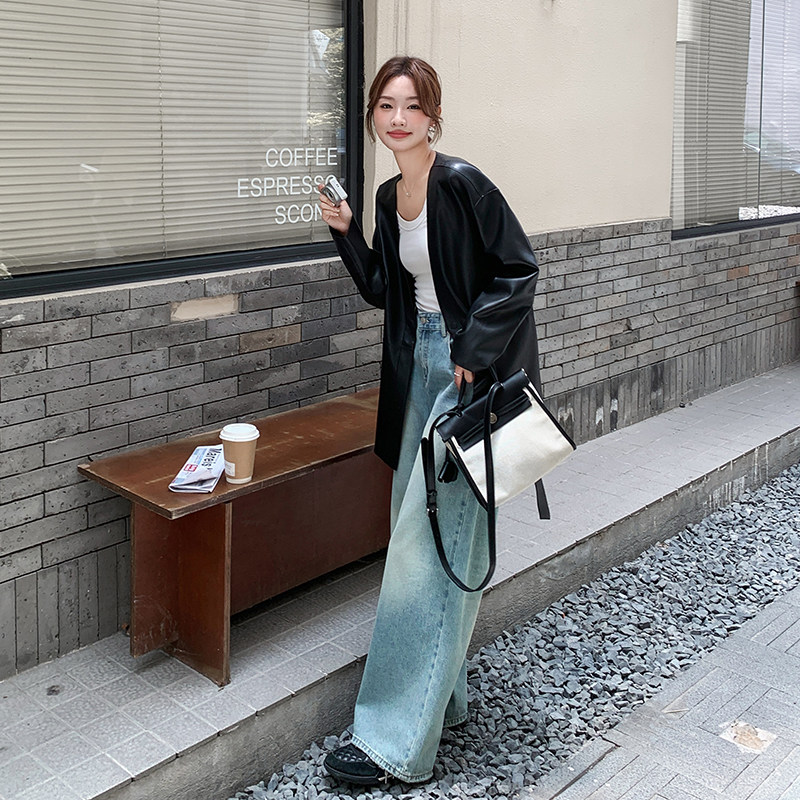 黑色盐系高级感西装外套女2025秋新款炸街气质PU皮小个子西服图片