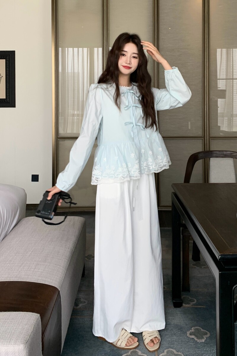 新品，韩系蝴蝶结蕾丝拼接+白色阔腿裤2c309-58121-p150-k218,女装套装/套裙,2C309
