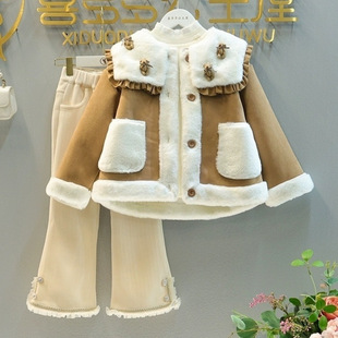 女童清仓冬季套装2025新款韩版女宝宝皮毛一体加绒加厚外套裤子两