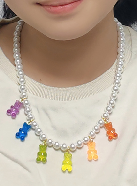 树脂小熊不掉色人造水晶珍珠项链
