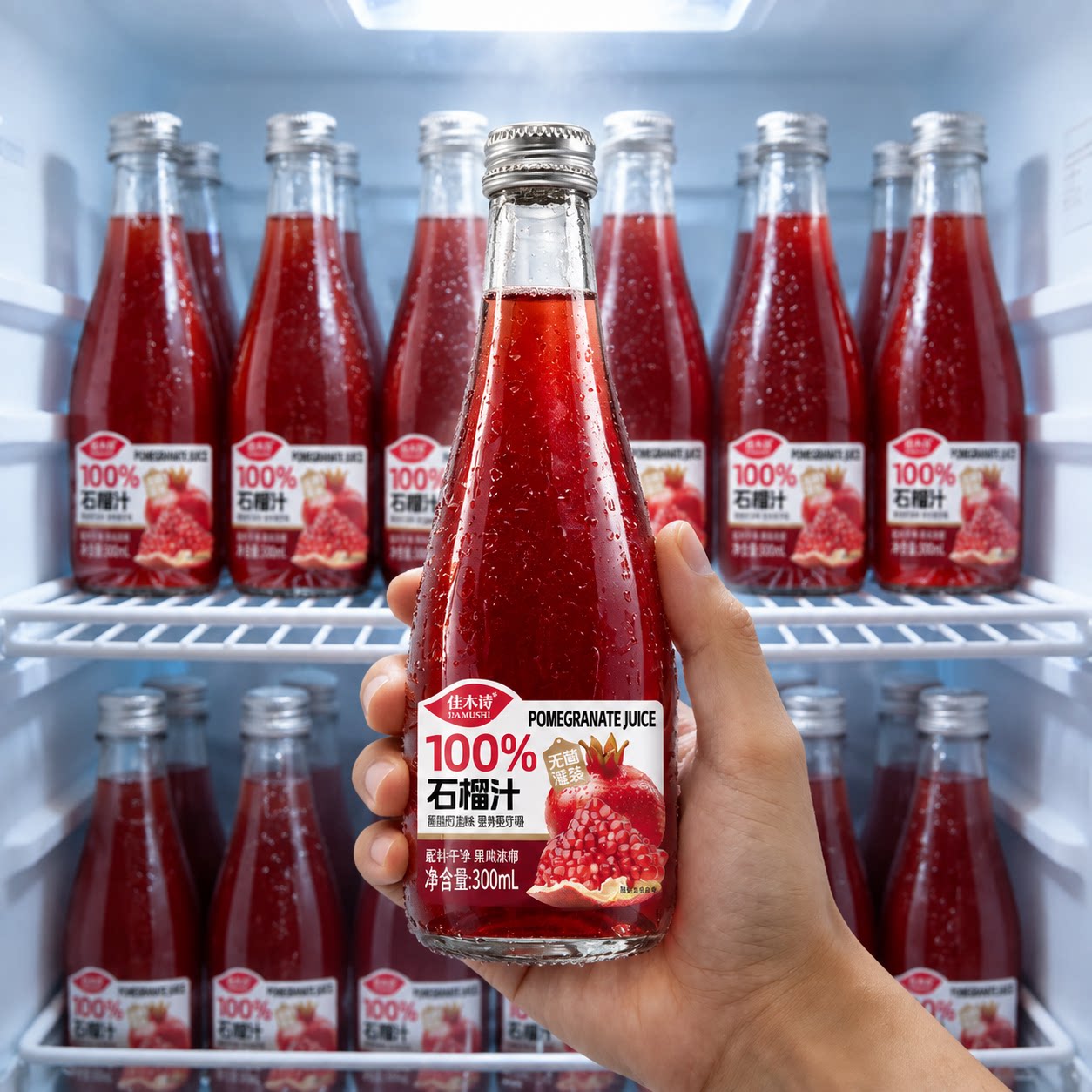 【厂家直销】100%石榴汁300ml*6瓶整箱玻璃瓶锁鲜0香精0色素特价