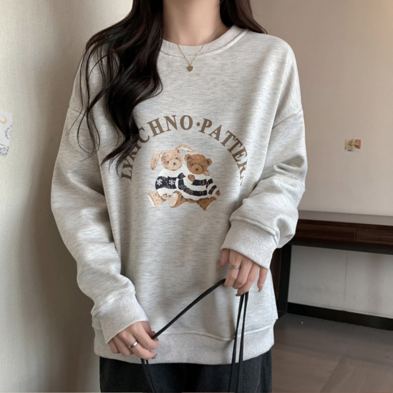 减龄可爱小熊字母印花卫衣女秋冬韩版百搭宽松长袖上衣复古体恤潮