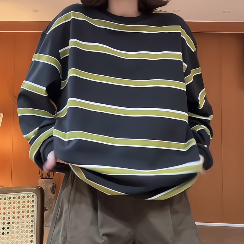 韩系慵懒风条纹撞色长袖T恤上衣
