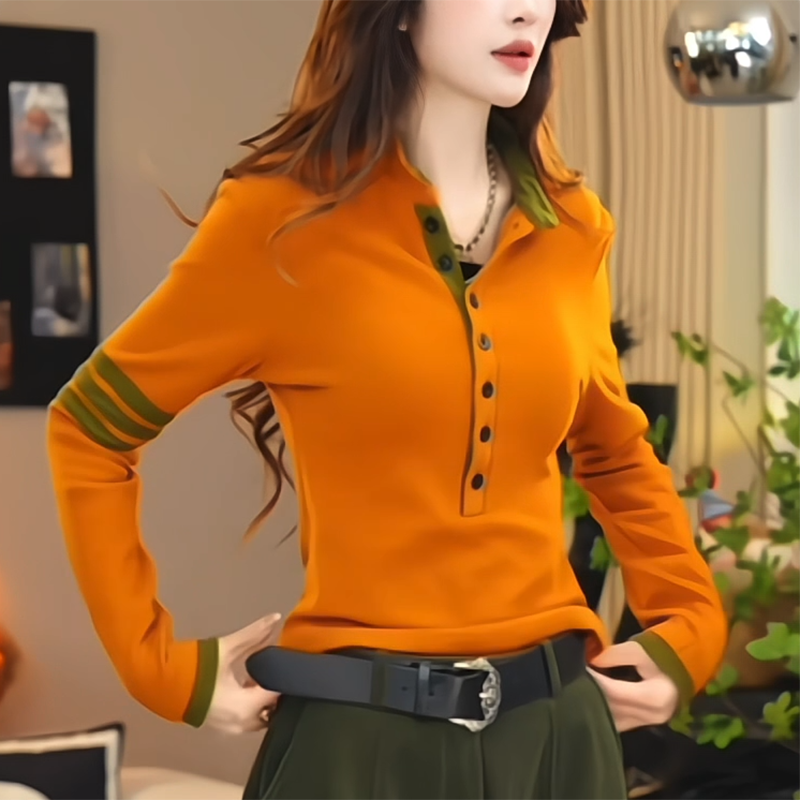 长袖打底衫女T恤撞色拼接设计感洋气减龄修身显瘦纽扣装饰上衣潮,女装/女士精品,大码内搭,淘宝优惠券,粉丝福利购,淘宝优惠卷