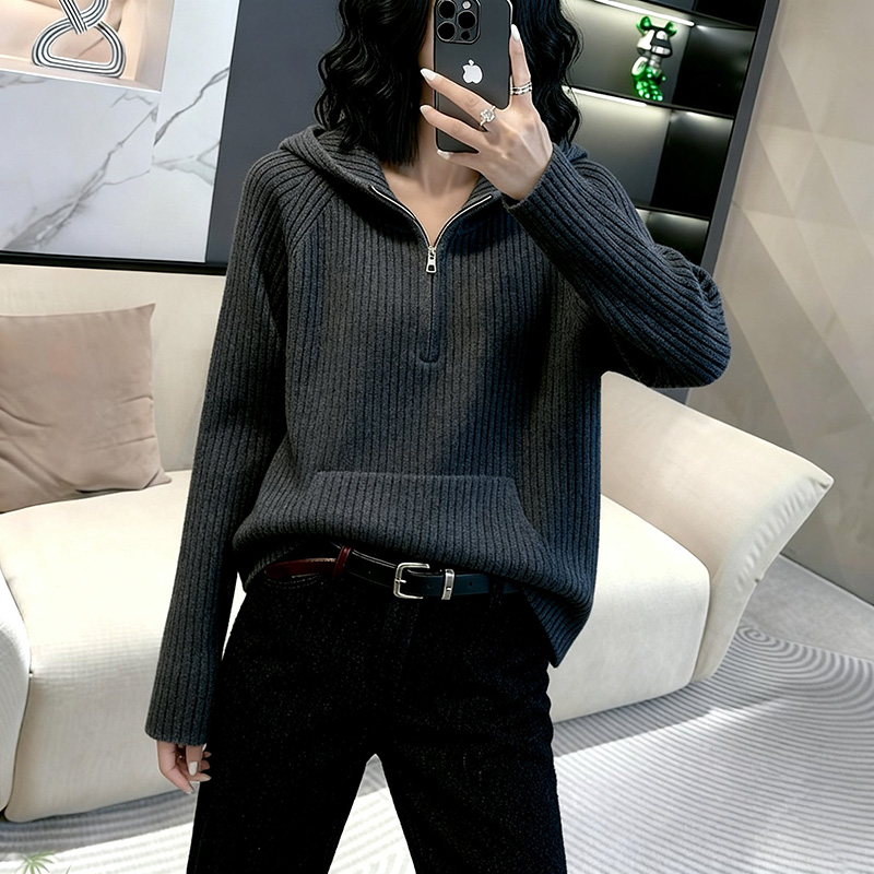 韩式休闲风连帽拉链针织衫女毛衣