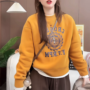 正肩黄色套头小个子字母印花长袖卫衣女秋冬时尚百搭宽松显瘦上衣