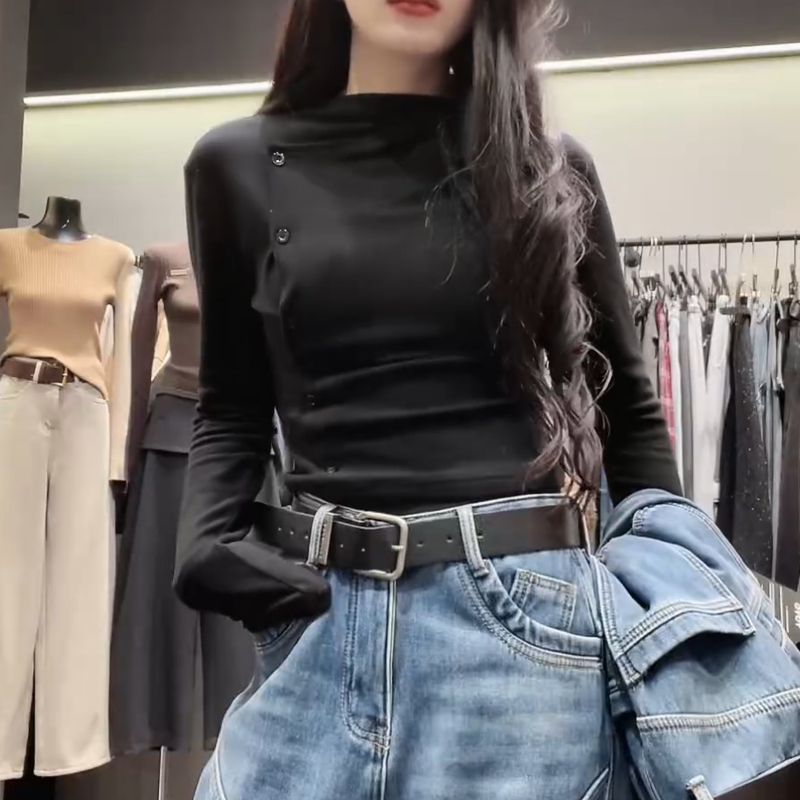 法式纽扣不对称设计感上衣女显瘦百搭通勤时尚内搭长袖T恤打底衫