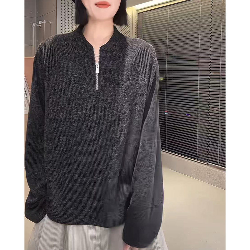 针织衫复古半拉链卫衣女纯色上衣