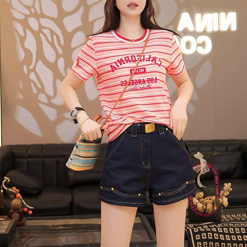 美式复古撞色条纹短袖t恤女夏季修身显瘦运动打底衫字母休闲上衣