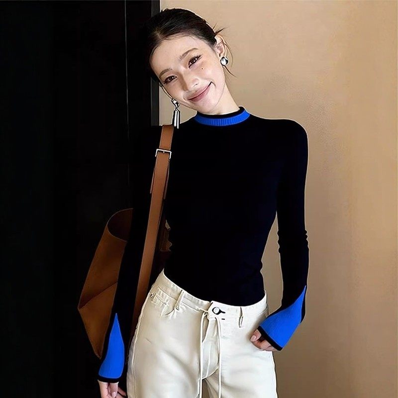 韩版气质撞色长袖针织衫女春秋毛衣长袖T恤修身显瘦打底衫潮上衣,女装/女士精品,大码内搭,淘宝优惠券,粉丝福利购,淘宝优惠卷
