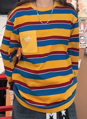 美式情侣BF复古条纹撞色口袋长袖T恤女宽松显瘦字母卫衣百搭上衣