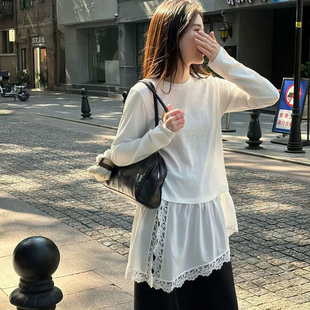 韩版中长款蕾丝拼接长袖T恤女白色宽松休闲风设计感打底衫上衣潮