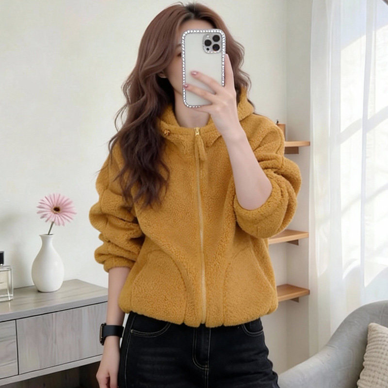 韩版羊羔绒连帽开衫女秋冬加绒保暖显瘦百搭外套黄色拉链长袖卫衣,女装/女士精品,大码内搭,淘宝优惠券,粉丝福利购,淘宝优惠卷