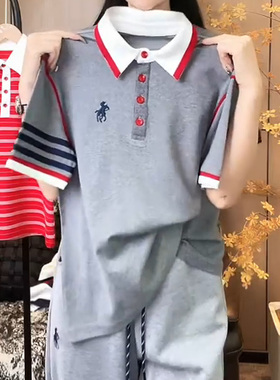 美式复古款灰色上衣女2025夏季撞色边饰精致刺绣独特有格调Polo衫