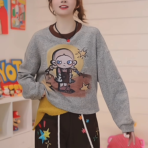 卡通字母印花小个子短款宽松卫衣