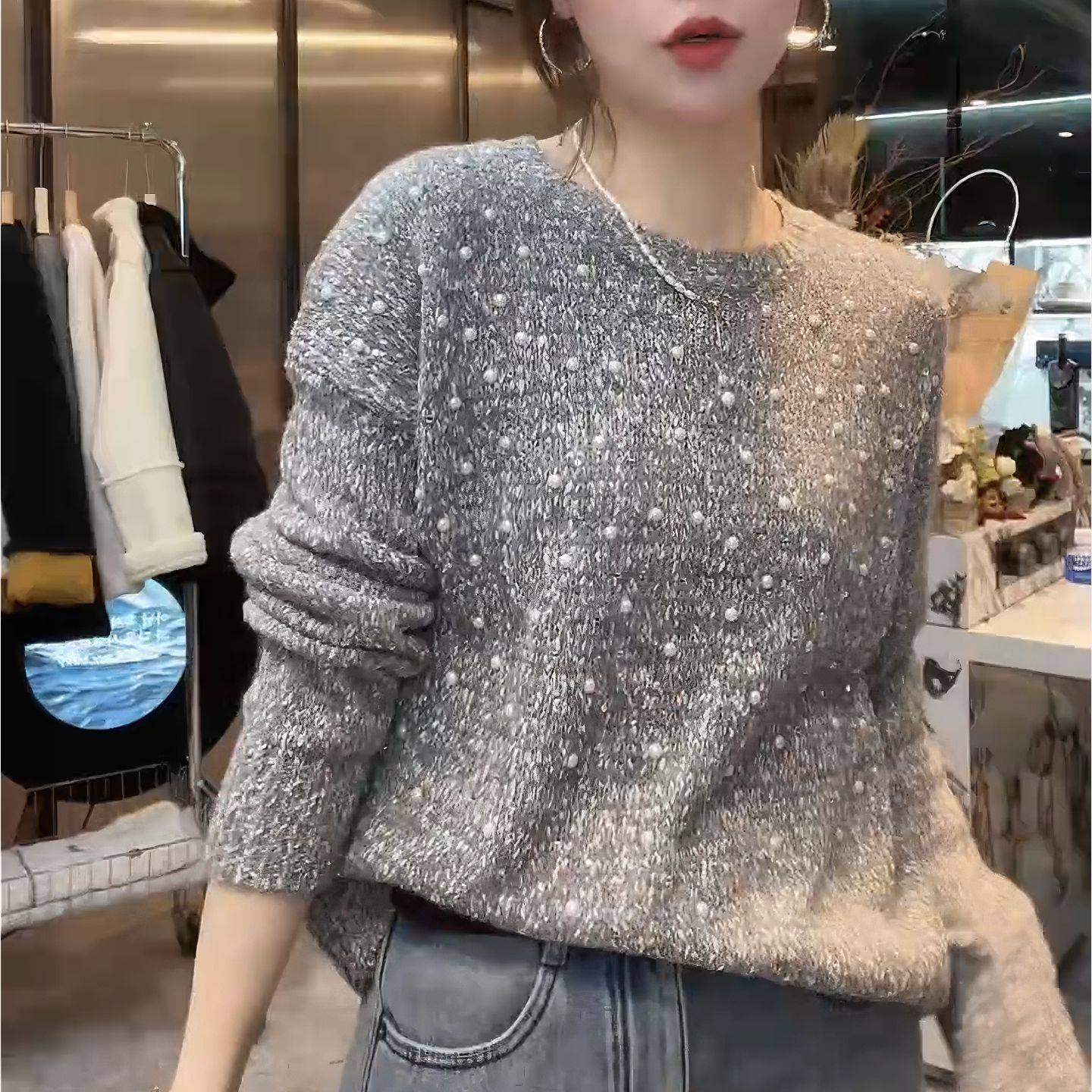 韩系气质亮片闪闪钉珠毛衣女秋冬慵懒风宽松长袖针织衫套头上衣潮,女装/女士精品,大码内搭,淘宝优惠券,粉丝福利购,淘宝优惠卷