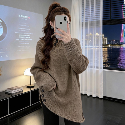 慵懒风中长款高领针织衫毛衣秋冬