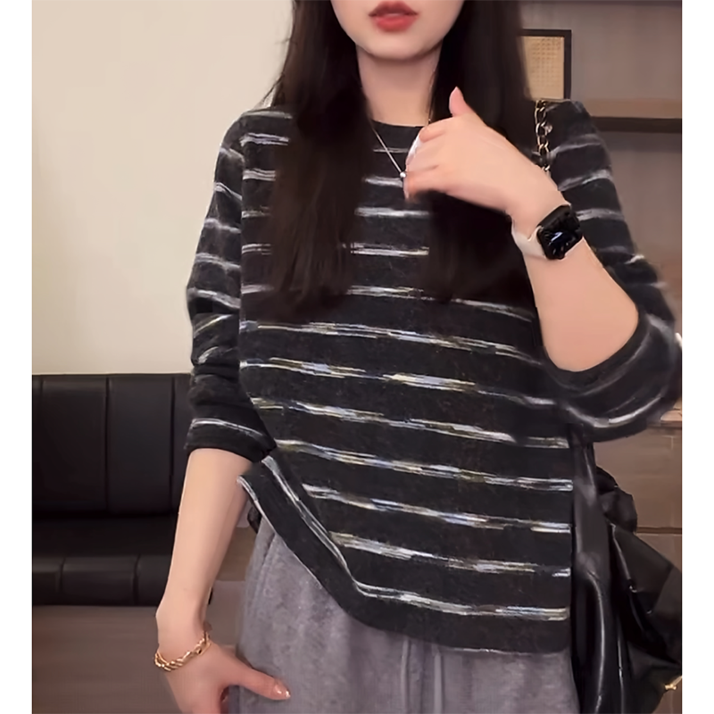 撞色慵懒风磨毛条纹长袖T恤女卫衣宽松休闲百搭显瘦上衣潮ins体恤,女装/女士精品,大码内搭,淘宝优惠券,粉丝福利购,淘宝优惠卷