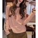 春秋撞色条纹长袖 T恤女设计感百搭显瘦套头打底衫 圆领体恤潮上衣