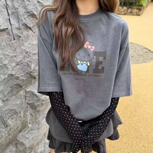 韩式卡通可爱风小猫印花长袖T恤女假两件大码上衣落肩袖宽松圆领