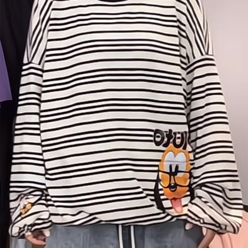 美式复古条纹长袖T恤女卡通印花