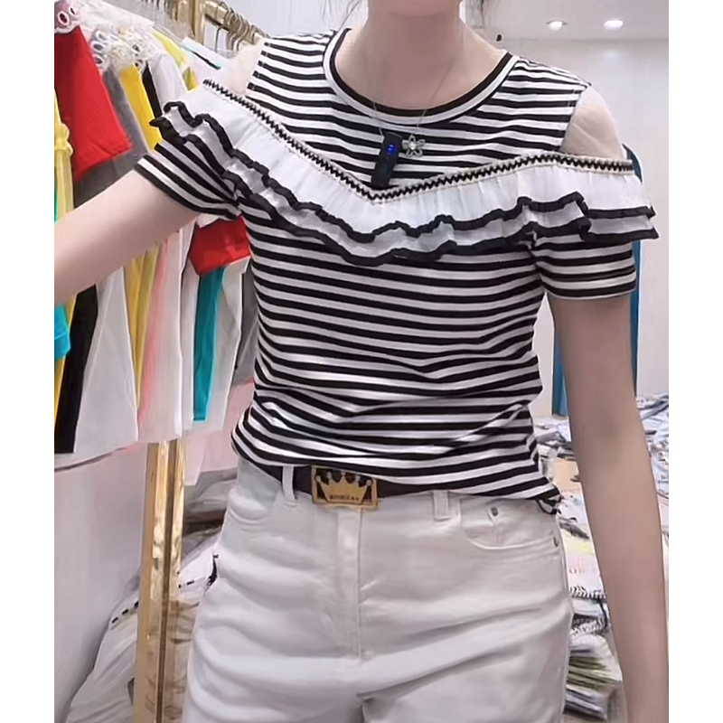 美式露肩层次感短袖T恤女打底衫