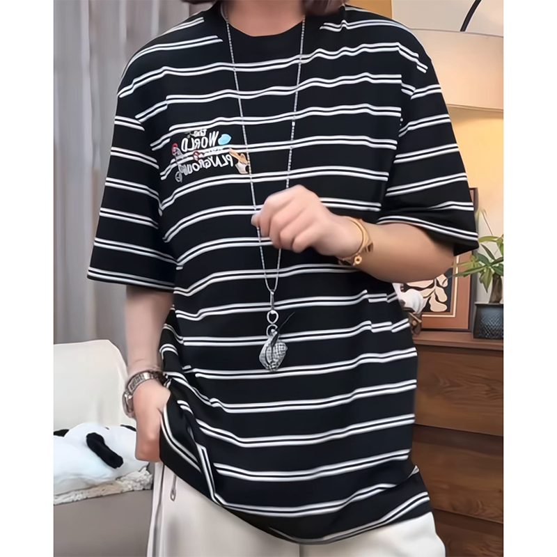 美式复古宽松黑白条纹短袖T恤女