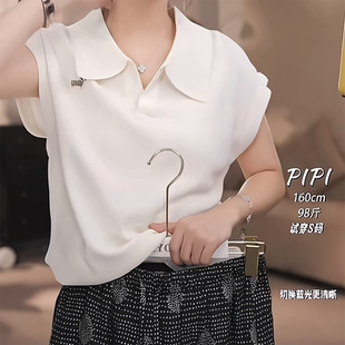 上衣 简约百搭polo领短袖 T恤女时尚 显瘦小狗刺绣针织打底衫 短款
