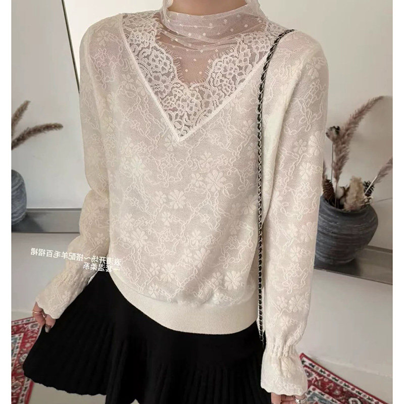 法式温柔风蕾丝拼接高领长袖针织衫女米白色高级感打底衫上衣毛衣,女装/女士精品,大码内搭,淘宝优惠券,粉丝福利购,淘宝优惠卷