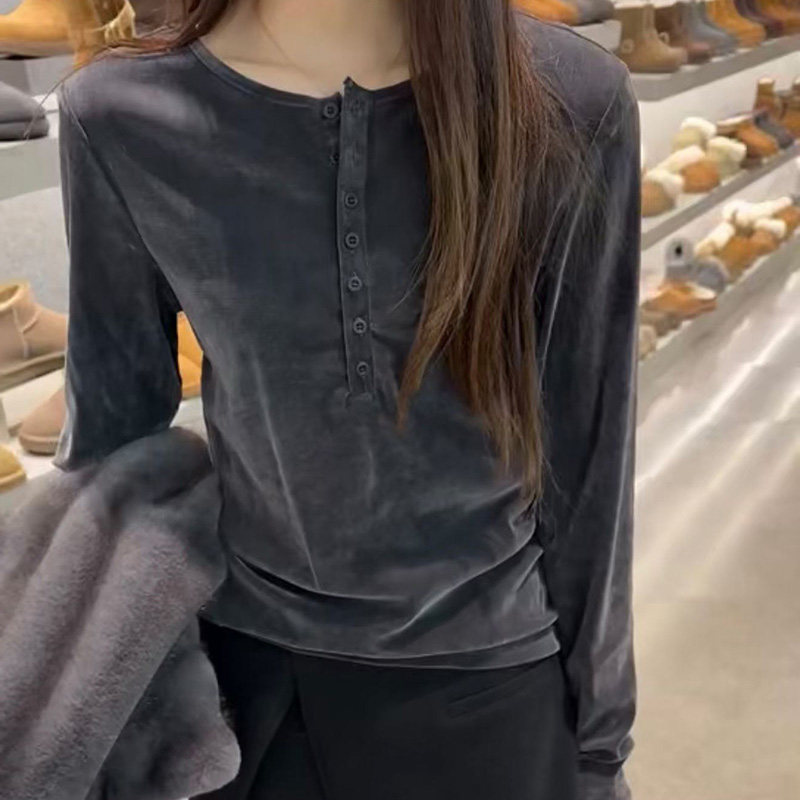 韩系早春秋剪刀口黑色丝绒长袖T恤女修身显瘦纽扣装饰打底衫上衣,女装/女士精品,大码内搭,淘宝优惠券,粉丝福利购,淘宝优惠卷