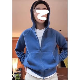 上衣 纯色休闲长袖 蓝色连帽卫衣女春秋外套小个子宽松拉链开衫 美式