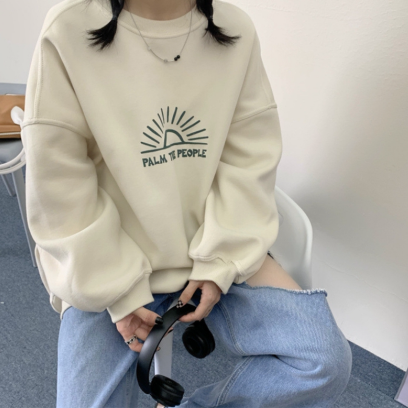 韩版宽松字母印花卫衣女杏色圆领