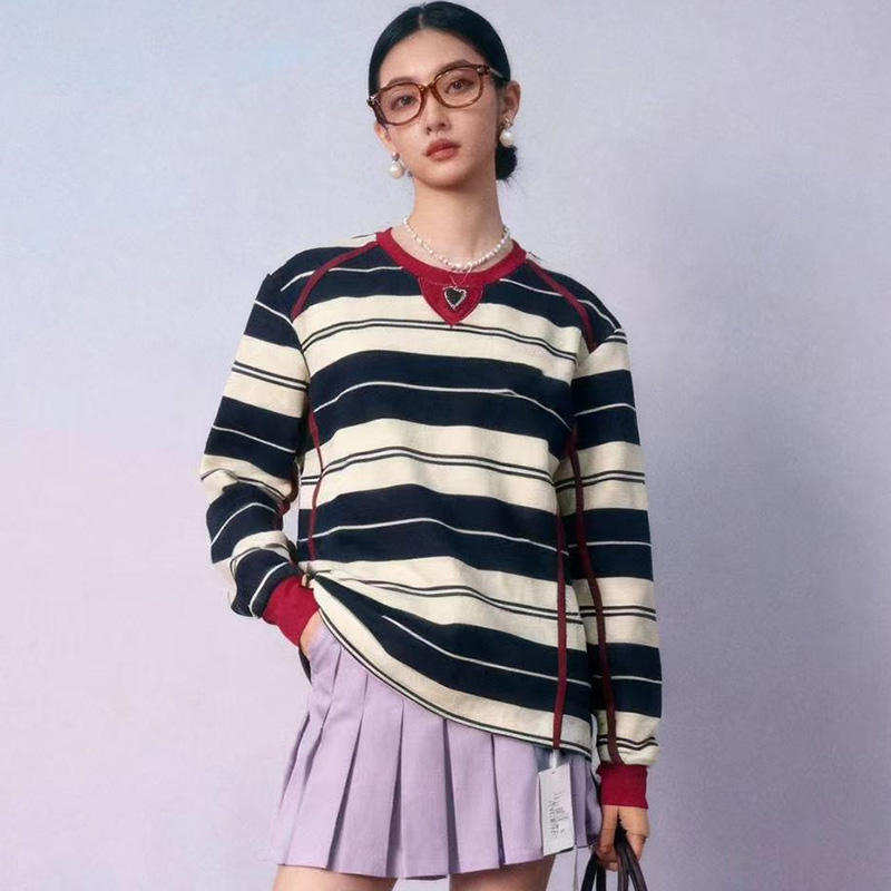 美式撞色条纹长袖卫衣女直筒T恤