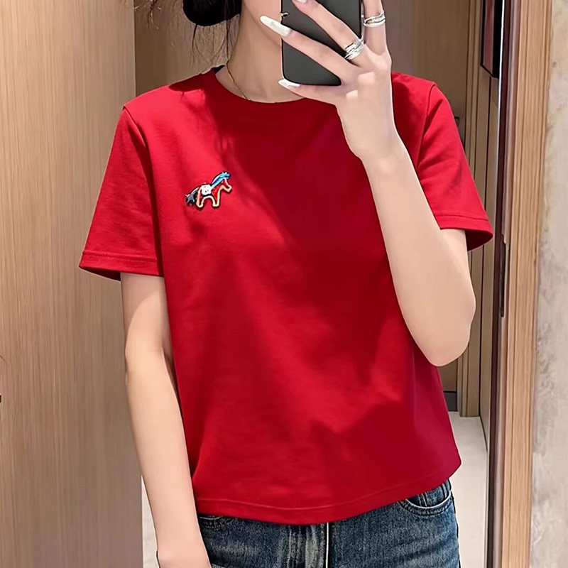 美式小马红色正肩短袖t恤女春夏季时尚洋气内搭外穿上衣潮打底衫,女装/女士精品,大码内搭,淘宝优惠券,粉丝福利购,淘宝优惠卷