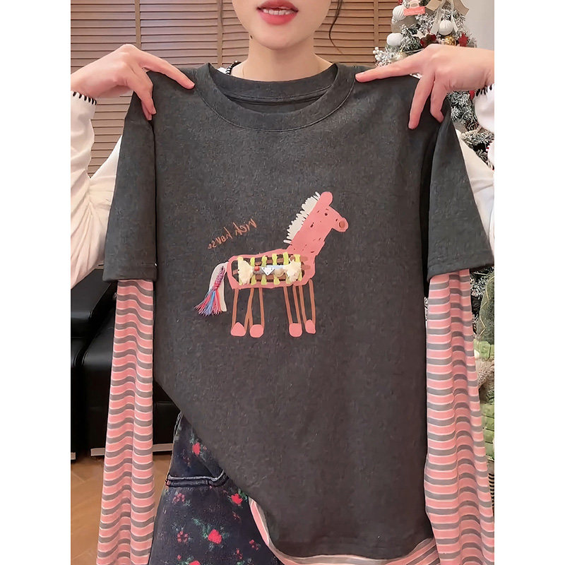 韩版小马印花拼接条纹长袖T恤女春秋假两件减龄打底衫显瘦体恤潮,女装/女士精品,大码内搭,淘宝优惠券,粉丝福利购,淘宝优惠卷