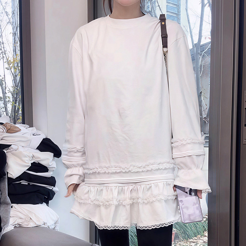 法式蕾丝拼接长袖上衣女T恤裙气质连衣裙宽松中长款荷叶边打底衫