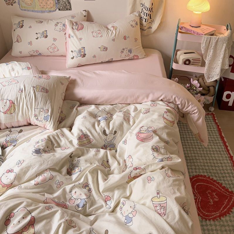 A类超柔100%针织双层纱床单被套四件套床上用品宿舍床三件套床笠4