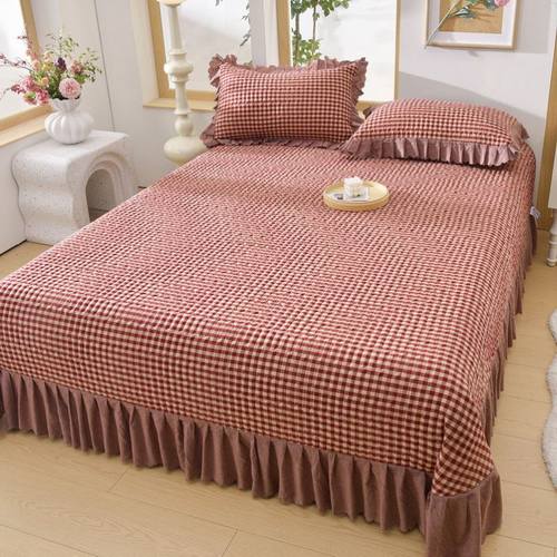 A类水洗夹棉床盖三件套韩版公主风加厚花边床单防滑四季床罩单件