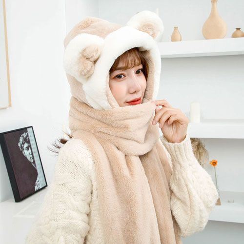 秋冬帽子围巾手套三件套一体帽女可爱学生围脖加厚保暖毛绒围巾潮