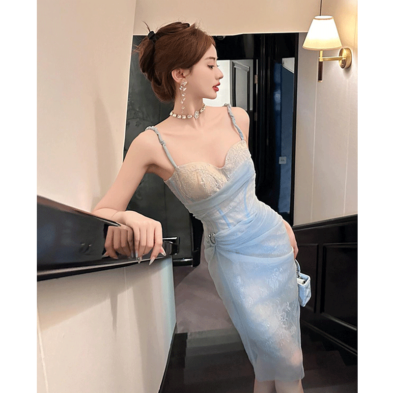 生日party礼服日常可穿高端轻奢名媛正式场合蓝色吊带连衣裙女夏