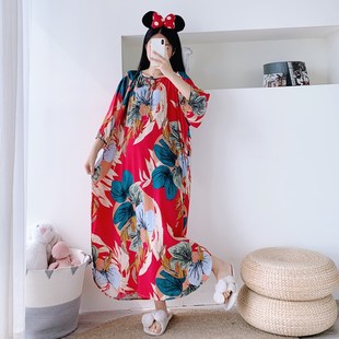 綿綢超長孕婦春秋胖MM長袖 家居服 V領人造棉加長睡裙加大碼 七分袖
