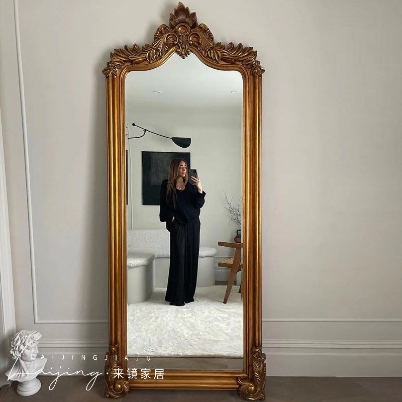 法式贴墙落地镜衣帽间试衣镜子欧式复古雕花穿衣镜家用壁挂全身镜