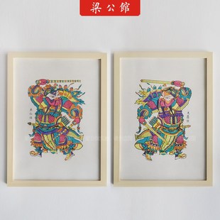 梁公馆年画手工执鞭门神年画秦琼和敬德樟子松木实木画框装饰画