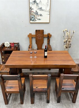 老船木餐桌椅组合实木长方形大板茶几家用办公室干泡茶台一体餐台