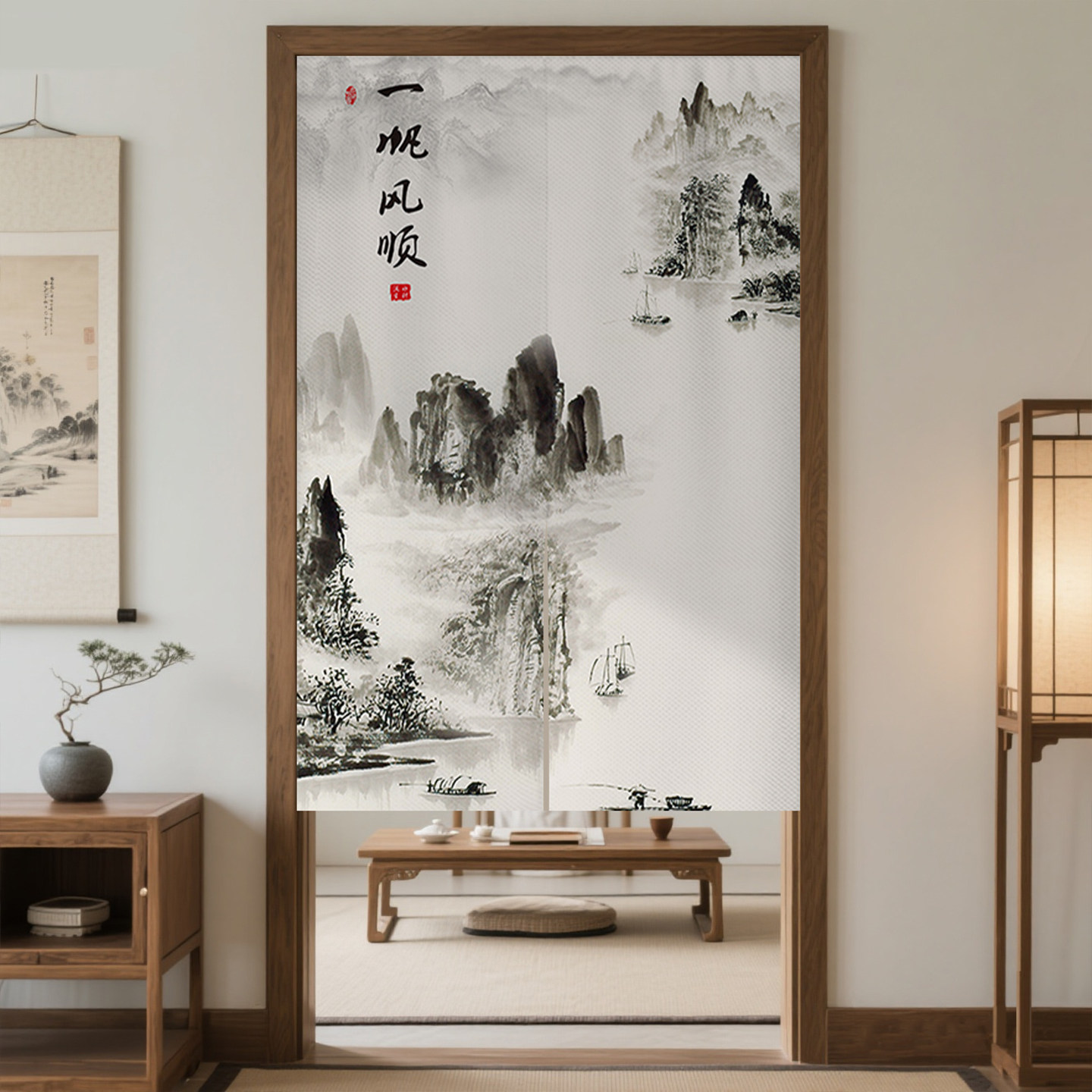 古风山水风景画门帘半帘禅意书房卧室房间门口隔断布挂帘遮挡帘子