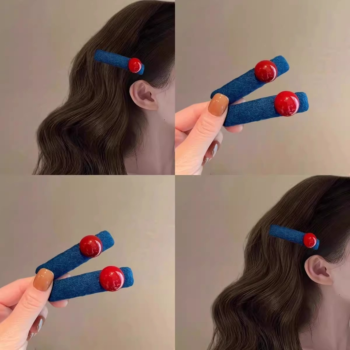 2025新款蓝色撞色红珠子发夹女小众发饰侧边夹对夹碎发刘海夹头饰