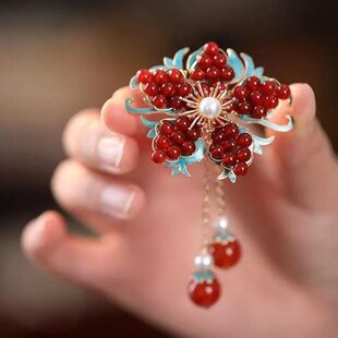 新中式复古花朵流苏发夹女边夹古风汉服发饰红色串珠头饰日常百搭