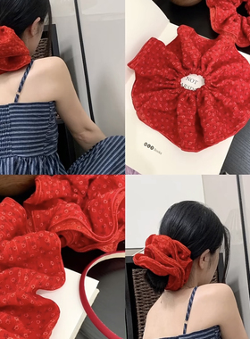 复古红色小花大肠发圈高级感法式发饰皮筋女扎头发绳气质马尾头绳