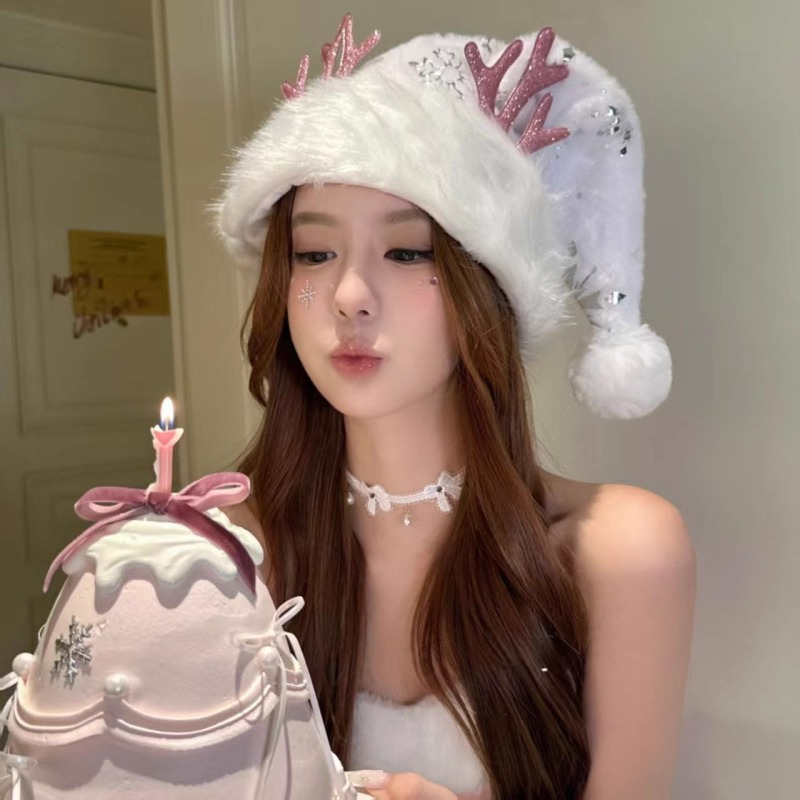 圣诞美神 新款白色雪花鹿角圣诞帽子氛围感节日穿搭装扮头饰新款